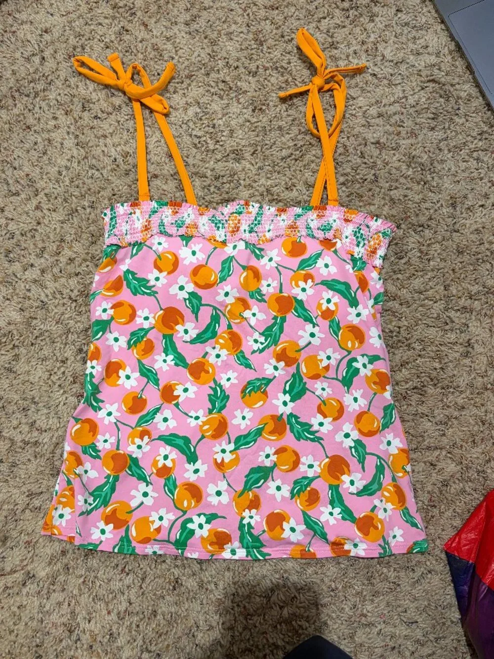 Draper James x Lands End Tankini Top Pink Cherry Floral Tie Shoulder Smocked